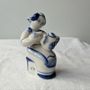 Russian Gzhel Pottery Porcelain Woman Handpainting Pottery Figurine Discontinued